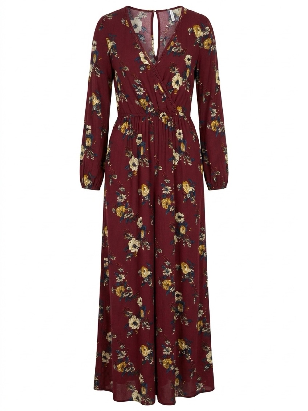 Xhilaration Burgundy Floral Wrap Jumpsuit with Yellow Accents
